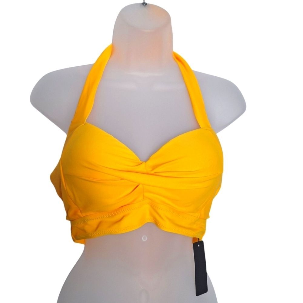 Tempt Me Bikini Halter Top Vibrant Yellow Twist Front Padded Retro Pinup Medium